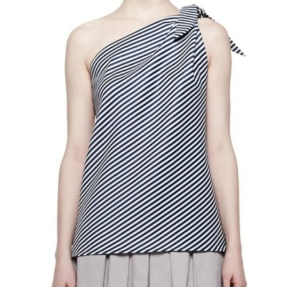 Halston Heritage Mini Stripe-Print One-Shoulder Top, Navy Chalk Size 12 NEW